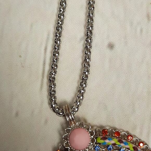 Colorful Round Medallion Pendant with Tassels on Long Silver Tone Chain Necklace - Picture 5 of 7